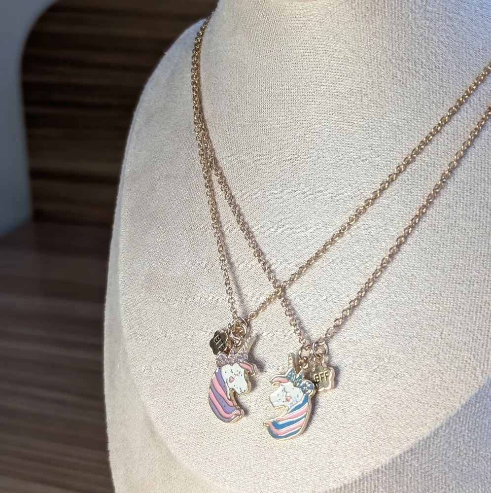 BFF Unicorn pony necklace set pastel rainbow gold tone gift pink purple blue